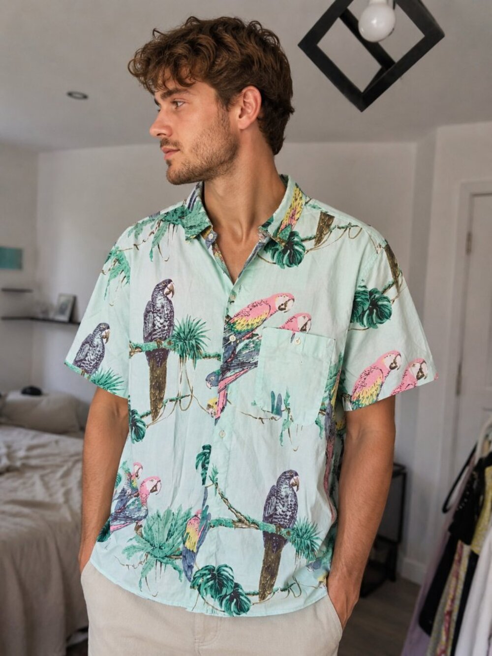 American Eagle Tropical Parrot Button-Up Shirt | 100% Cotton Hawaiian Style | Si